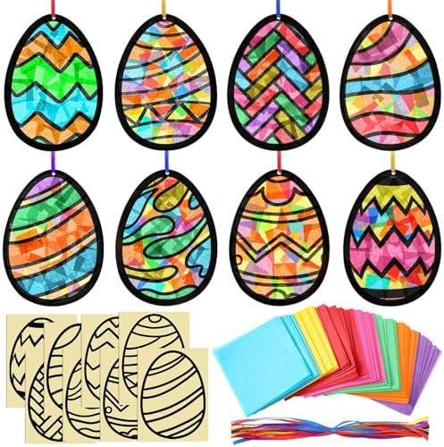 Eersida 32 Pcs Easter Eggs Ornament Suncatchers Craft Set Spring DIY Eggs Shaped Stained Glass Ti... | Amazon (US)