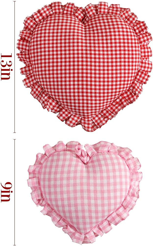 Valentines Day Decorations, 2pcs Love Heart Shaped Pillows, 13"& 9" Gingham Valentines Pillows, R... | Amazon (US)
