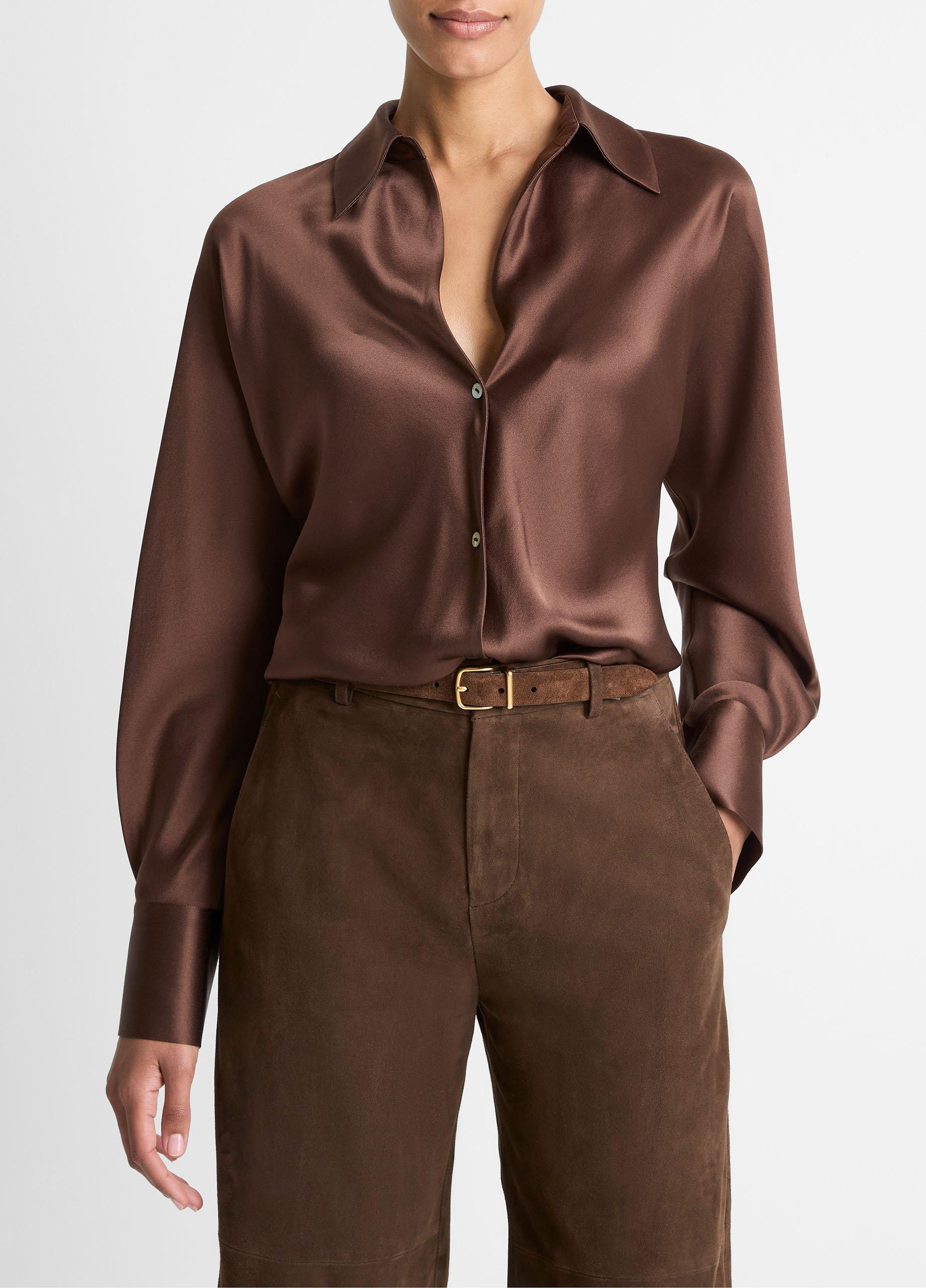 Women's Silk Bias Long-Sleeve Blouse, Espresso, Size S Vince | Vince LLC