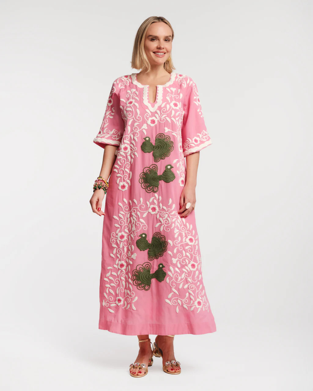Embroidered Peacock Charming Caftan - Pink | Frances Valentine