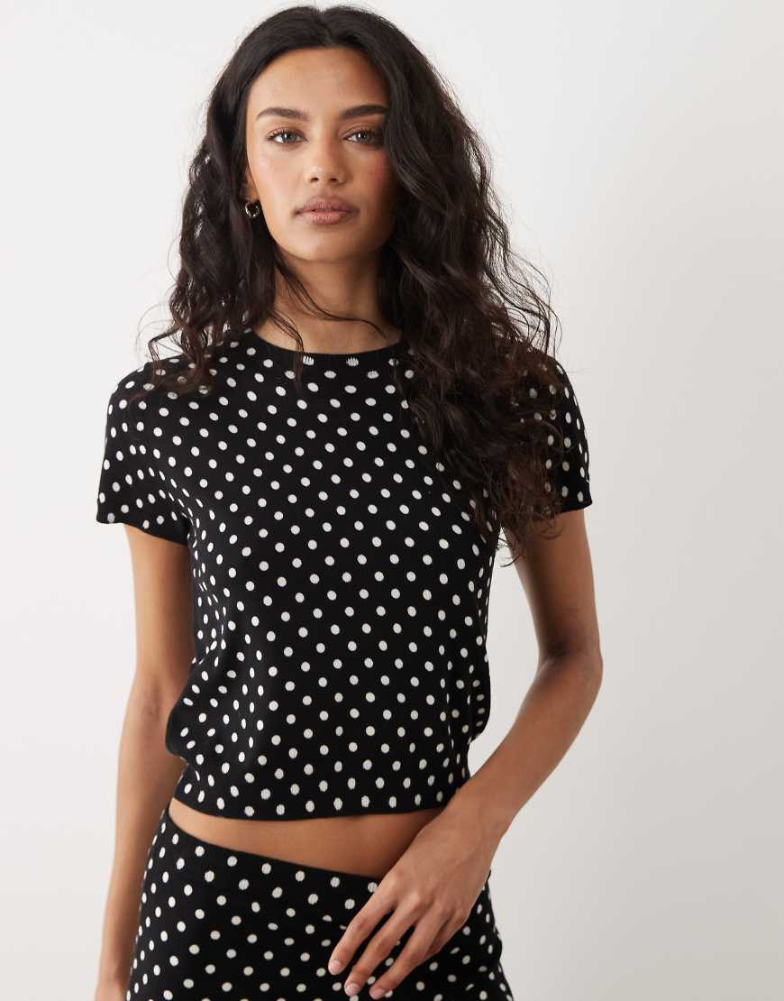 Mango Feria compact knit short sleeve top co-ord in black and white polka dot | ASOS (Global)