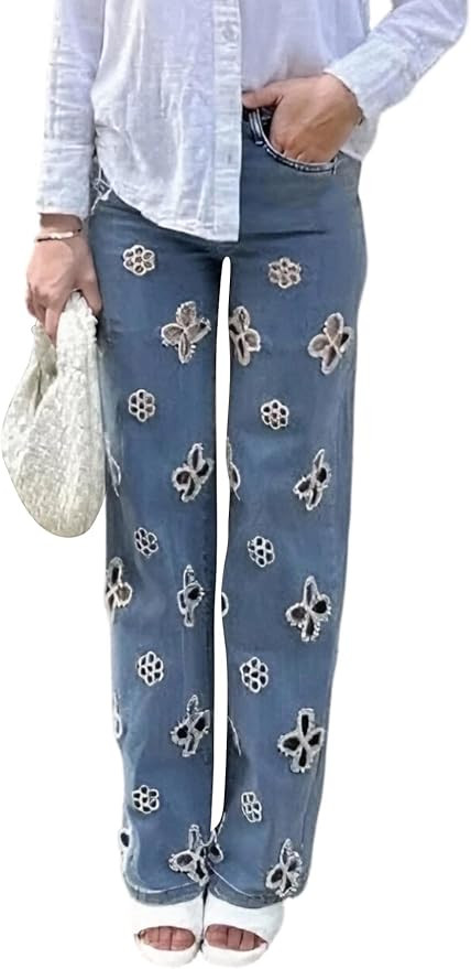 Womens Pearl Jeans Straight Leg High Waist Flower Hollow Out Rhinestone Embellished Pants Baggy S... | Amazon (US)