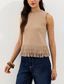 Women's Sleeveless Fringed Hem Knit Vest Summer Lightweight Crewneck Tank Tops | Amazon (US)