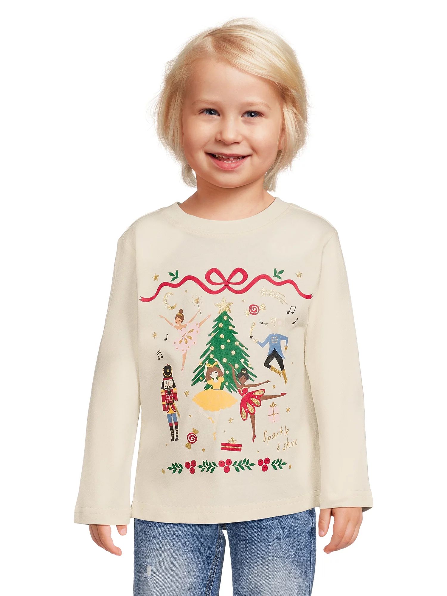 Holiday Time Toddler Girl Christmas Long Sleeve T-Shirt, Sizes 12M-5T | Walmart (US)
