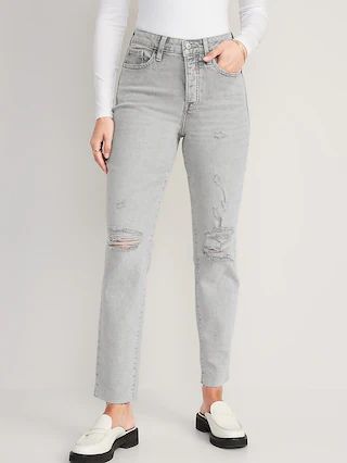 High-Waisted Button-Fly OG Straight Ripped Gray Cut-Off Jeans for Women | Old Navy (US)