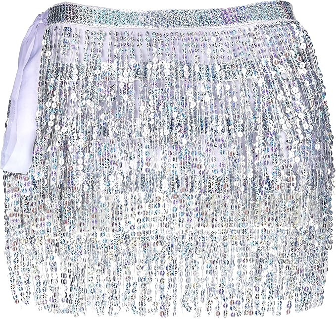 Women Belly Dance Skirt Fringe Skirts Sparkly Sequin Hip Scarf Party Costume | Amazon (US)