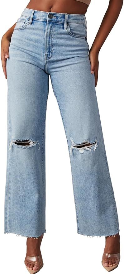 Allimy Women's High Waisted Straight Ankle Wide Leg Ripped Jeans Frayed Hem Stretchy Capri Denim ... | Amazon (US)