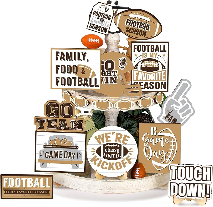 18 Pcs Football Tiered Tray Decor Set Wooden Football Ornament Rustic Football Decorations Farmho... | Amazon (US)