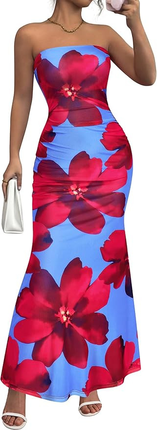 PRETTYGARDEN Womens Spring Dresses 2026 Sexy Strapless Tube Bodycon Mesh Ruched Floral Maxi Dress... | Amazon (US)