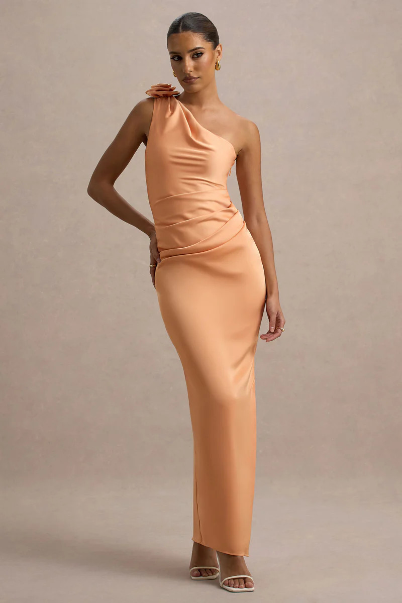 Janette | Peach Satin One-Shoulder Split Maxi Dress With Corsage | Club L London
