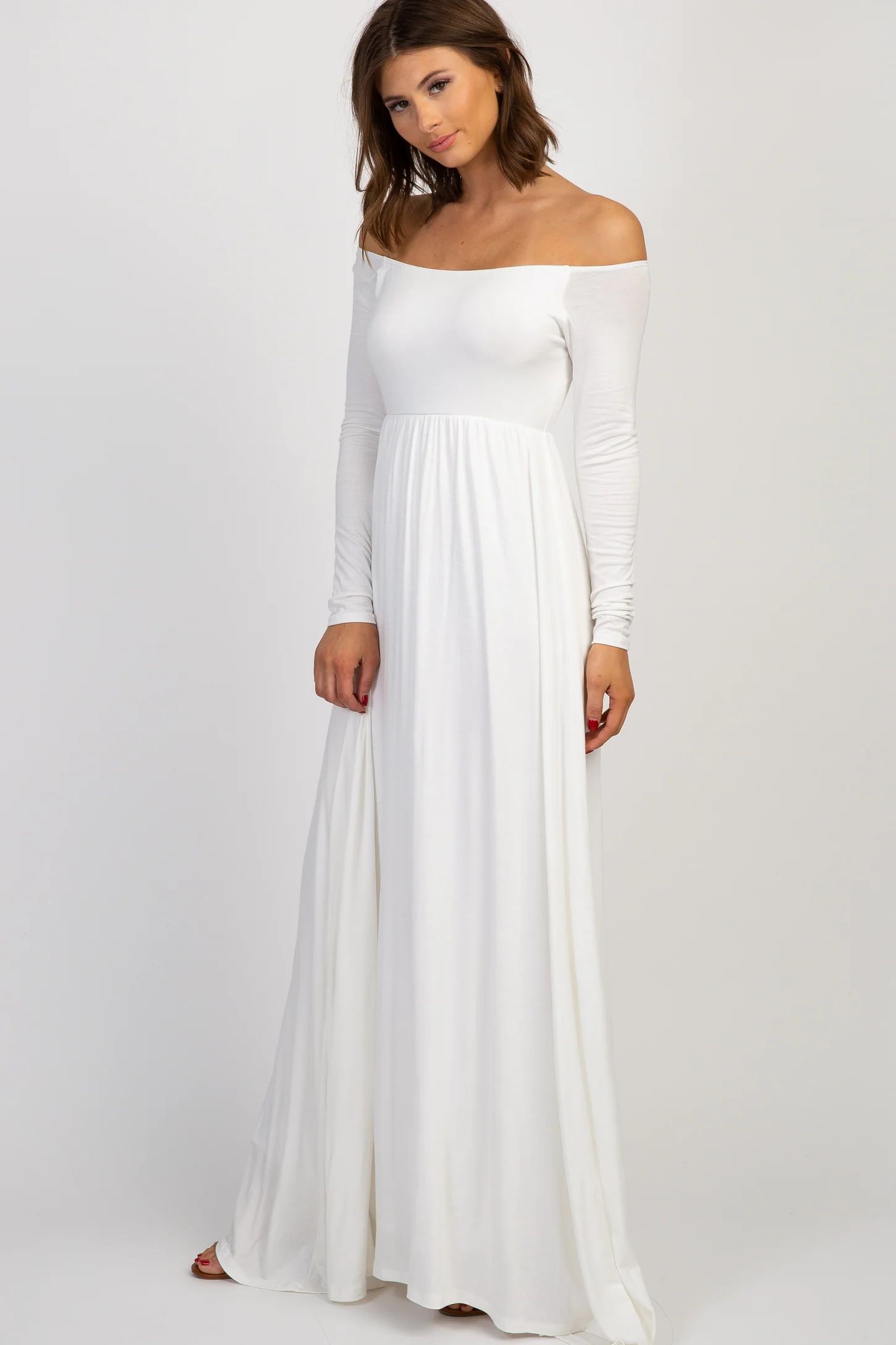 PinkBlush Ivory Solid Off Shoulder Maxi Dress | PinkBlush Maternity