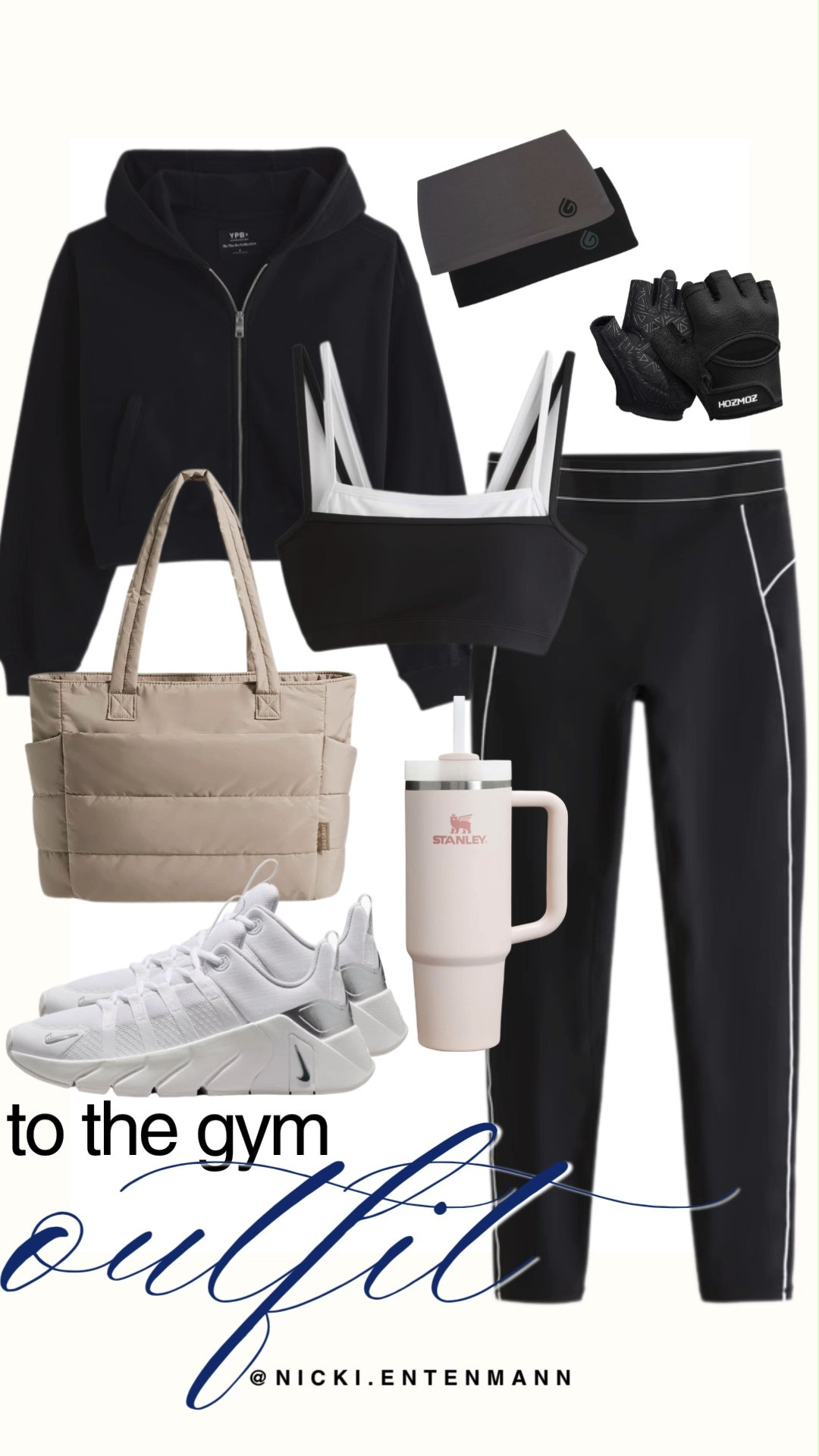 Upgrade your athletic aesthetic with this monochrome activewear edit. A black and white layered sports bra pairs with matching white-piped black leggings and a full-zip YPB hoodie. Bright white Nike trainers, a beige puffer gym tote, a light pink Stanley tumbler, workout headbands, and black gloves complete this preppy fitness look.

#tothegym #gymoutfit #activewear #ypb #athleisure #monochromestyle #workoutstyle 

 #LTKootd #LTKfitnessgoals #LTKActive
