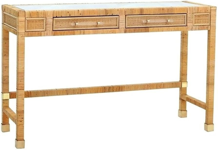 Pemberly Row Contemporary Rattan Glass Top Desk, Natural Finish, 47.2" W x 15.8" D x 31.1" H, Han... | Amazon (US)