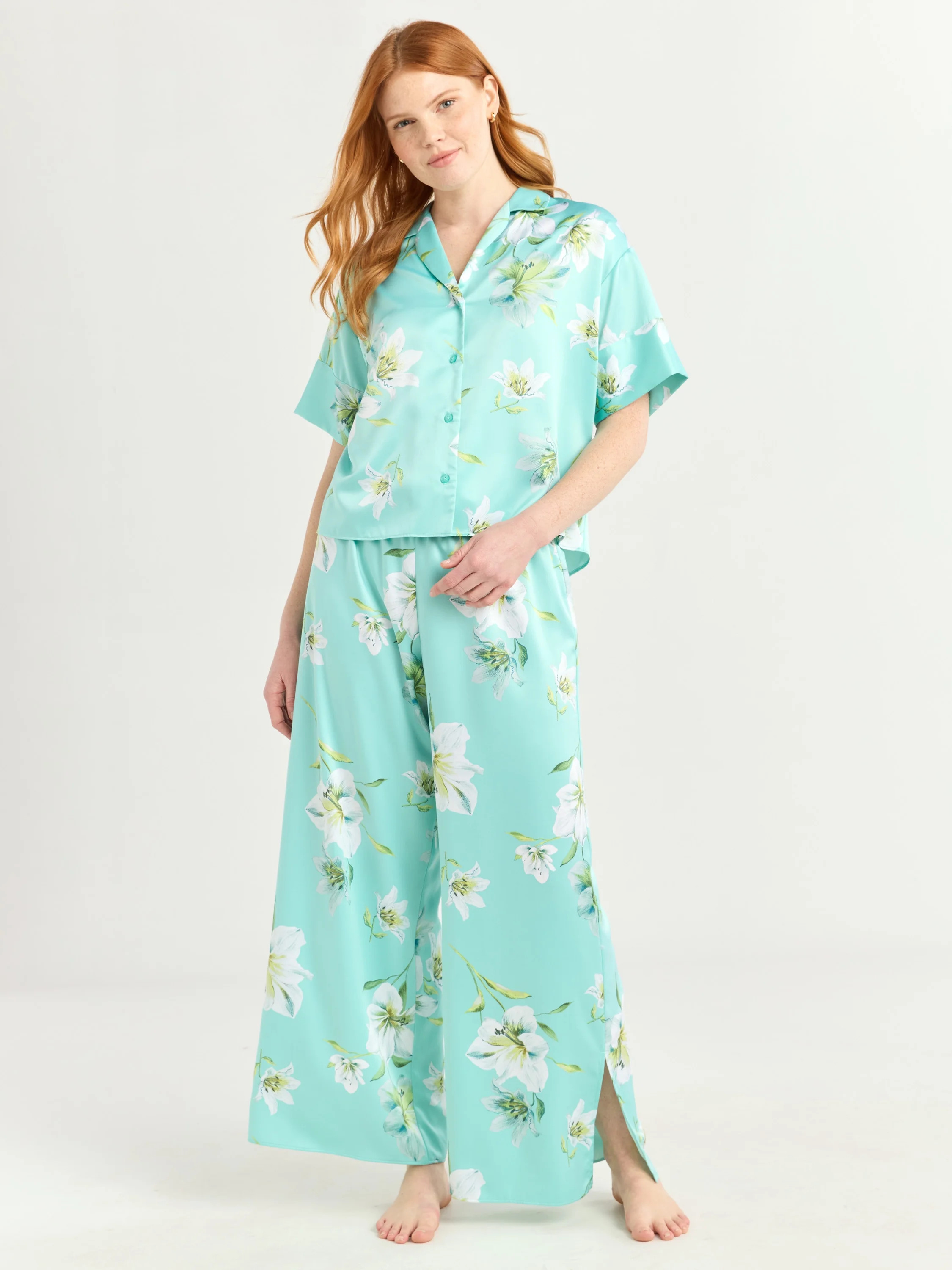 Joyspun Women’s Stretch Satin Top and Pants Pajama Set, Sizes S-3X | Walmart (US)