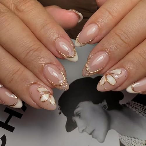 evpct Nude Pink Glitter Press on Nails Short Almond with Gold Line, Glitter French Tip Stick on Nail for Women Gift, Reusable Full Cover Soft Gel Press on Fake Nail with 3D White Flower Design | Amazon (US)