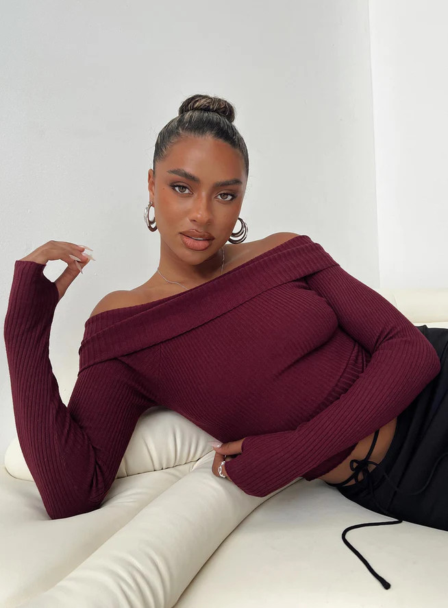 Morley Off Shoulder Sweater Burgundy | Princess Polly US