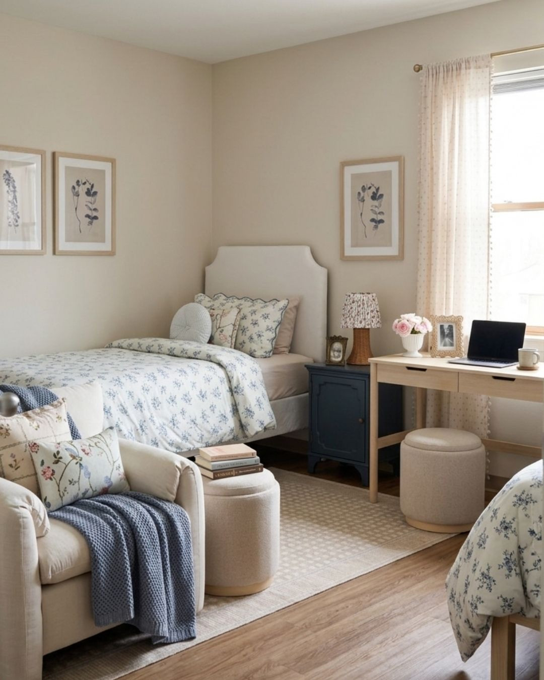 Blue Floral College Dorm Room Inspiration

*Note: This is a digital room mockup showcasing product styling ideas from my room design mood board.

How to recreate this look:

The Palette: A classic foundation of soft cream, dusty sky blue, and deep slate blue

The Bedding: Symmetrical twin beds featuring delicate blue and white floral-print duvets, styled with matching accent pillows and pleated round cushions.

The Furniture: Deep blue bedside nightstands contrasted with a light-toned wood study desk and a cozy, plush cream accent armchair.

The Details: Woven-base table lamps with matching floral pleated shades, cute ruffled window curtains, and elegant framed floral prints on the wall.

#dormdecor #dormroominspiration #grandmillennialstyle #blueandwhitedecor #dormroomideas

#LTKHome