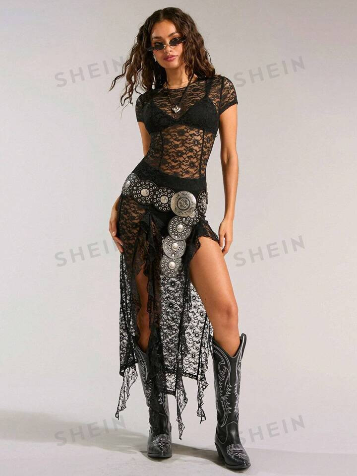 Forever 21 Women Round Neck Lace Split Fashionable Short Sleeve Dress For Music Festival | SHEIN