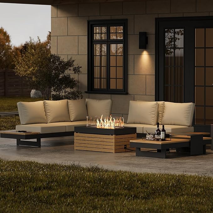 homary Patio Conversation Sets with Fire Pit-Modular Outdoor Sofa Aluminum & Teak Outdoor Sofa Se... | Amazon (US)