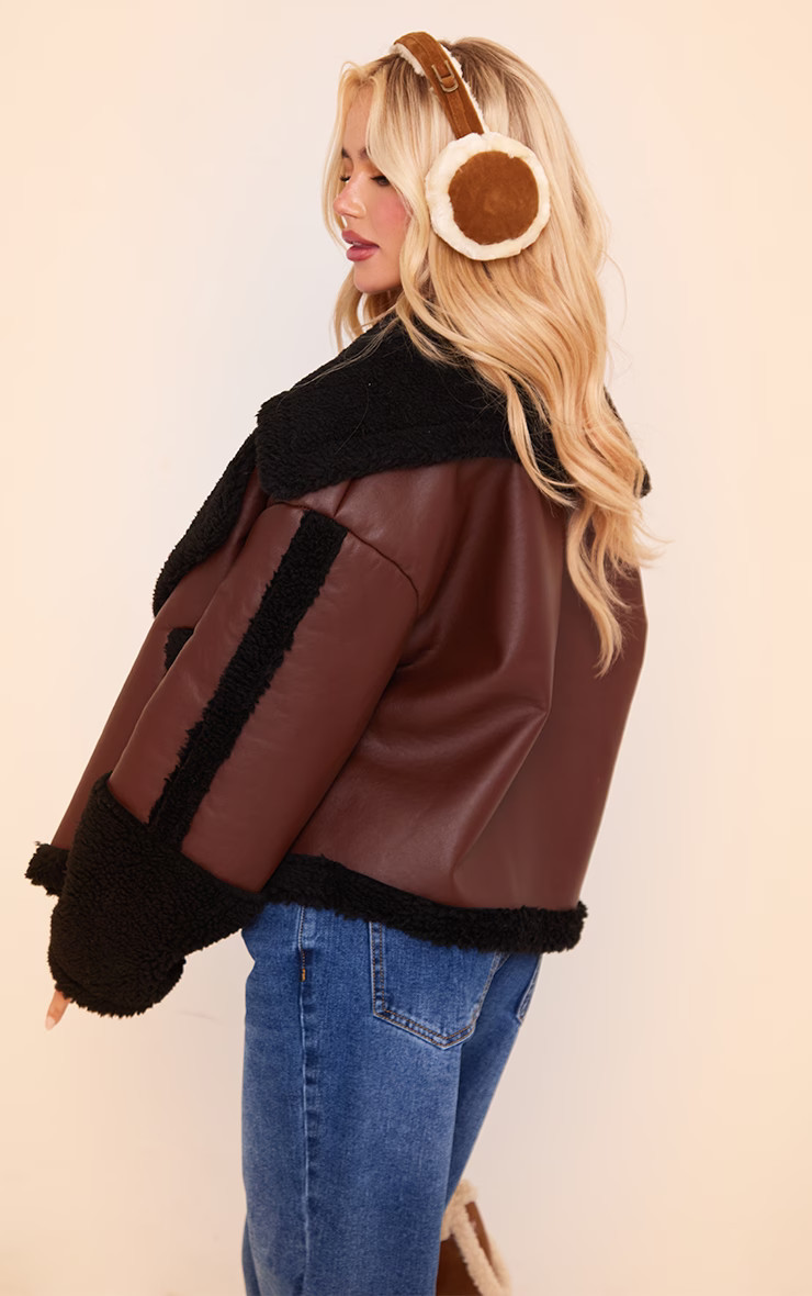 Chocolate And Black Borg Trim Faux Leather Coat | PrettyLittleThing US