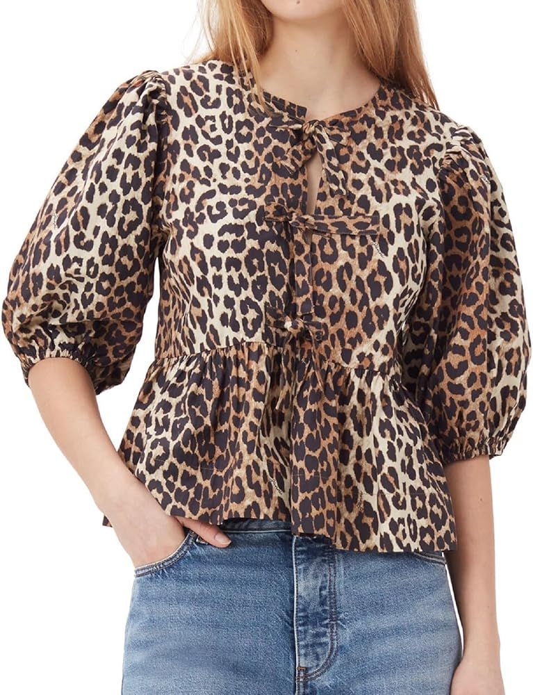 Leopard Print Tops for Women 100% Cotton Tie Front Cardigan Blouse Puff Sleeve Top Babydoll Peplu... | Amazon (US)