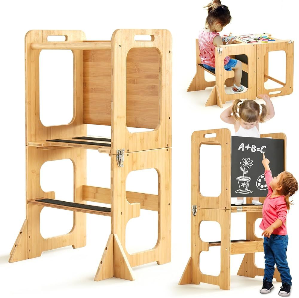 Asweets Toddler Tower, 4-in-1 Bamboo Standing Tower for Learning, Kitchen Stool Helper with Chalk... | Amazon (US)