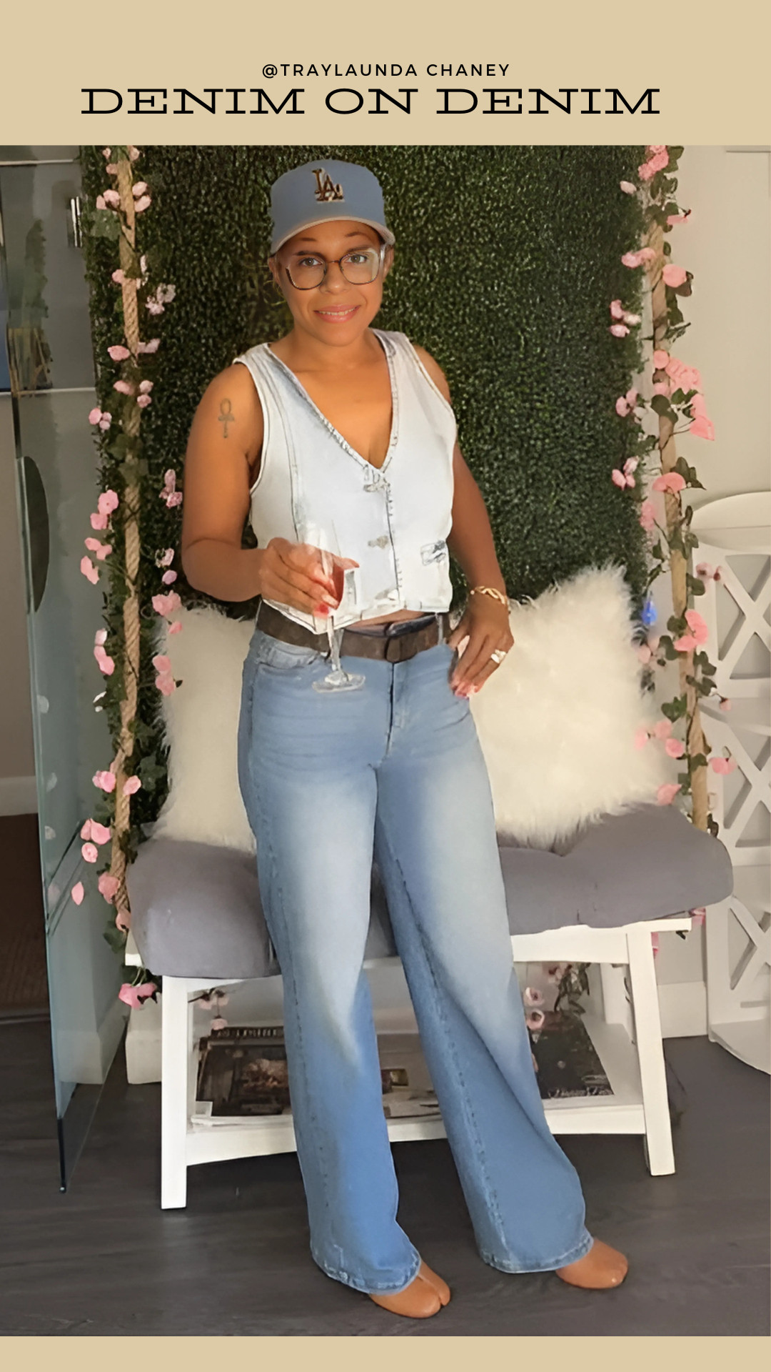 Serving up casual confidence in this denim-on-denim look! 🍷✨ Effortless, timeless, and just the right amount of edge. 💙  

 #LTKOver40 #LTKStyleTip #LTKBeauty