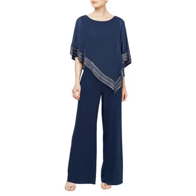 SL FASHIONS Foil Trim Asymmetric Popover Capelet Jumpsuit in Black at Nordstrom, Size 6 | Nordstrom