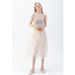 Knit Ruffled Mesh Cami Dress in Cream | Chicwish
