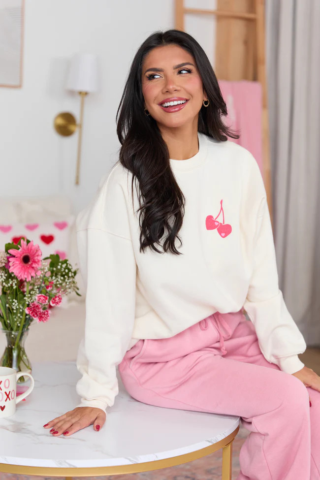 I Love You Cherry Much Cream Graphic Sweatshirt SALE | Pink Lily