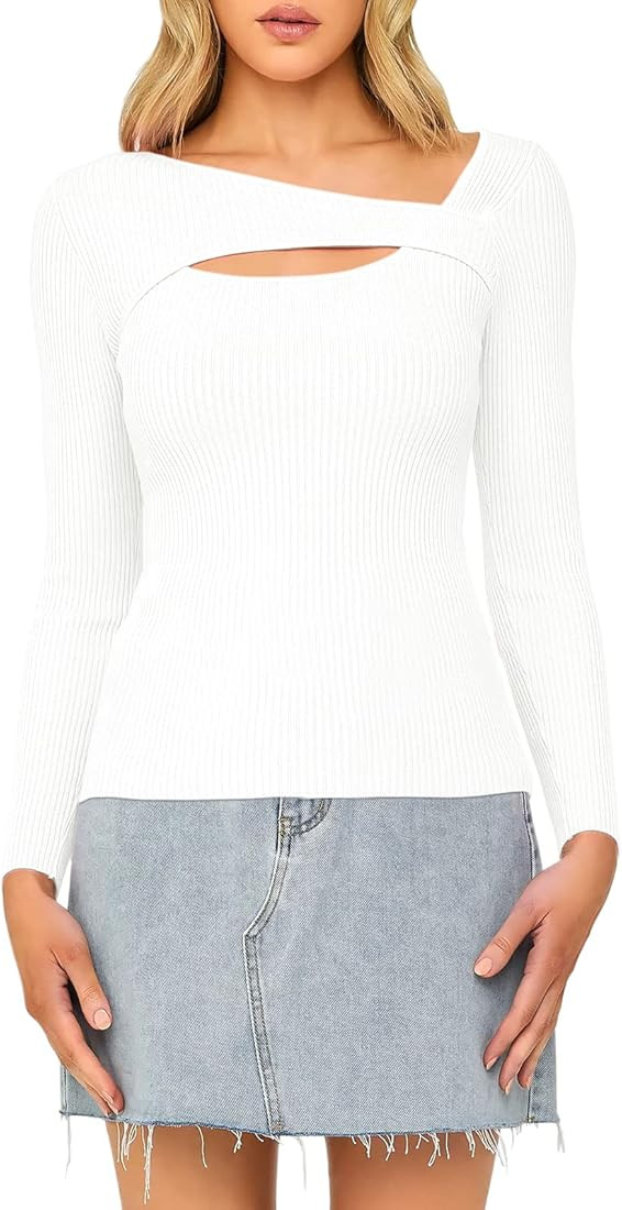 ANRABESS Women's Cutout Sweater Top Long Sleeve Scoop Neck Rib Knit Slim Fit Pullover Sweater | Amazon (US)
