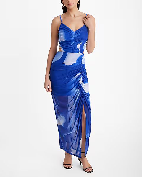 Printed Mesh V-Neck Sleeveless Cutout Ruched Maxi Dress | Express