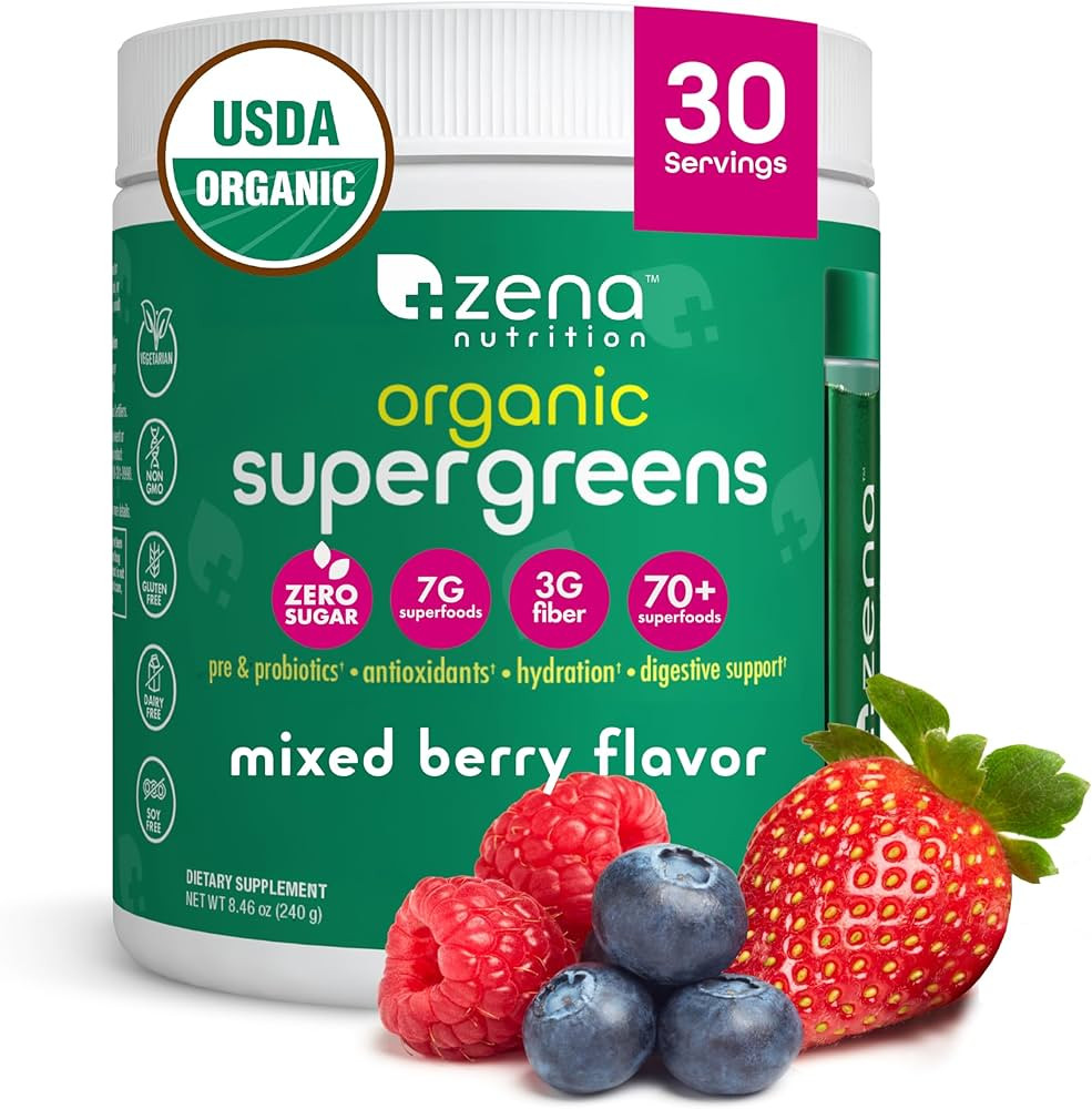 Zena Nutrition Organic Super Greens Powder, 70+ Superfoods, 0 Sugar, 3G Fiber, Spirulina, Chlorel... | Amazon (US)
