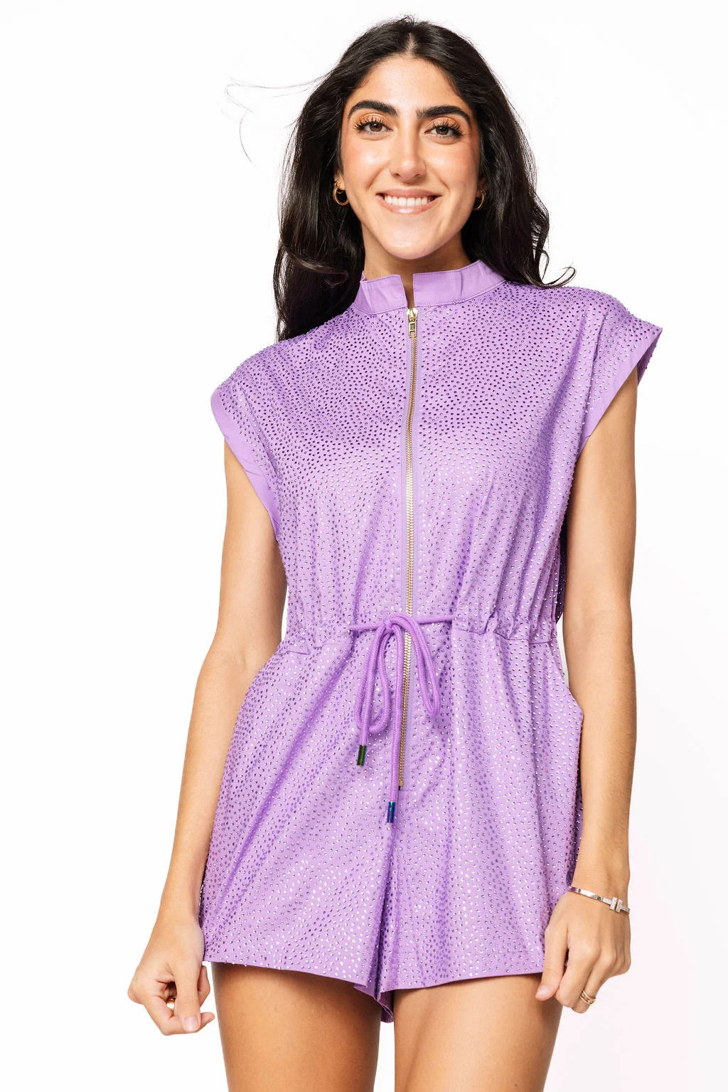 Purple Rhinestone Zip Up Romper | Queen of Sparkles