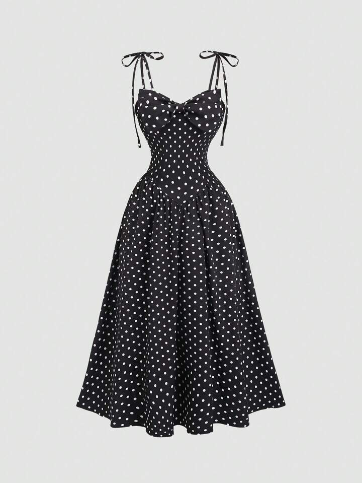 Sweetra Robe Longue De Vacances Pour Femmes, Style Vintage Français, À Pois Rouges, Avec Dos Nu, Taille Resserrée Par Des Sangles Et Imprimé Papillon | SHEIN