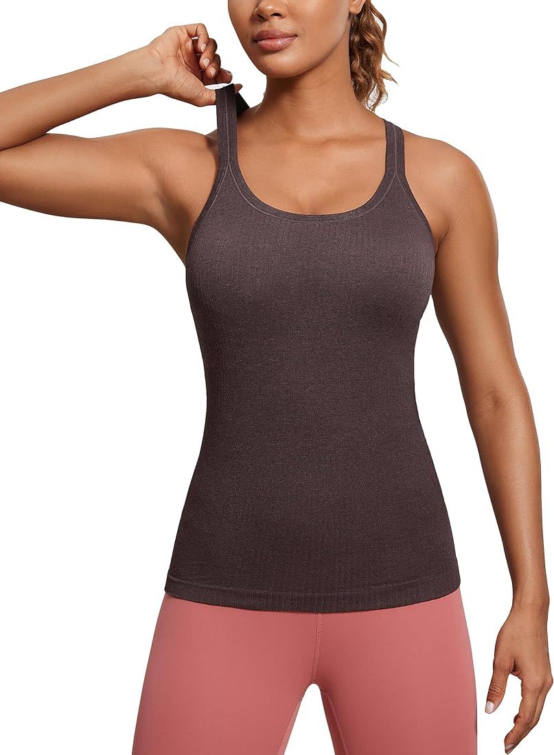 Womens Seamless Ribbed Racerback Tank Tops with Built in Bra - Padded Scoop Neck Slimming Athleti... | Amazon (US)