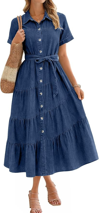 BerryGo Womens Summer Denim Shirt Dress Casual Belted Short Sleeve Button Down Flowy Midi Jeans D... | Amazon (US)