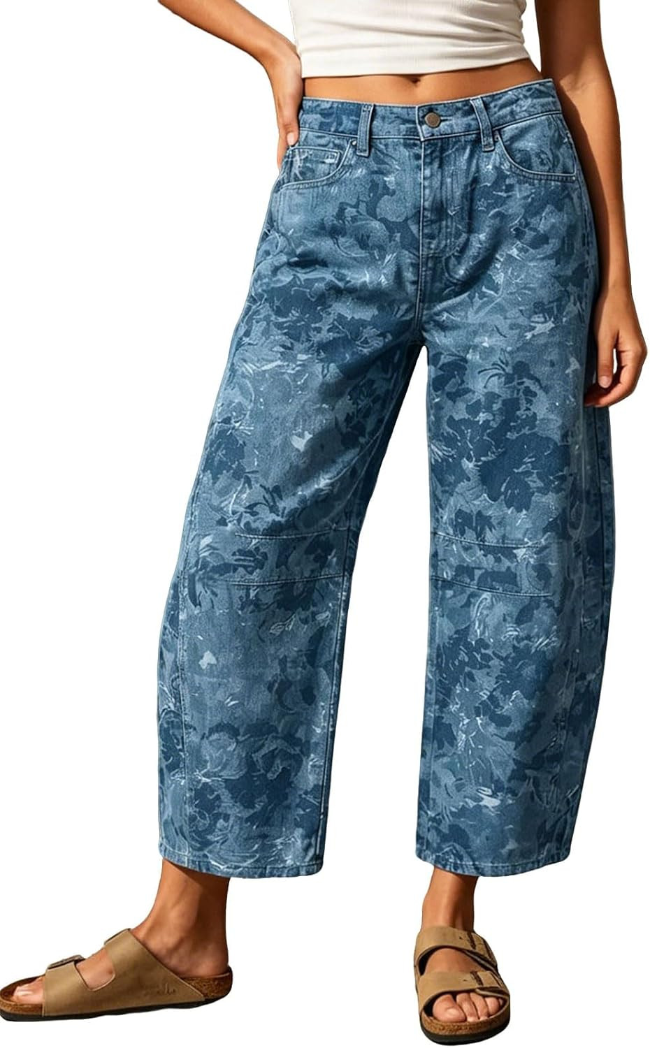 loveimgs Women Baggy Barrel Jeans Mid Rise Printed Denim Pants Wide Leg Jeans Boyfriend Y2k Patchwork Cartoon Hippie | Amazon (US)
