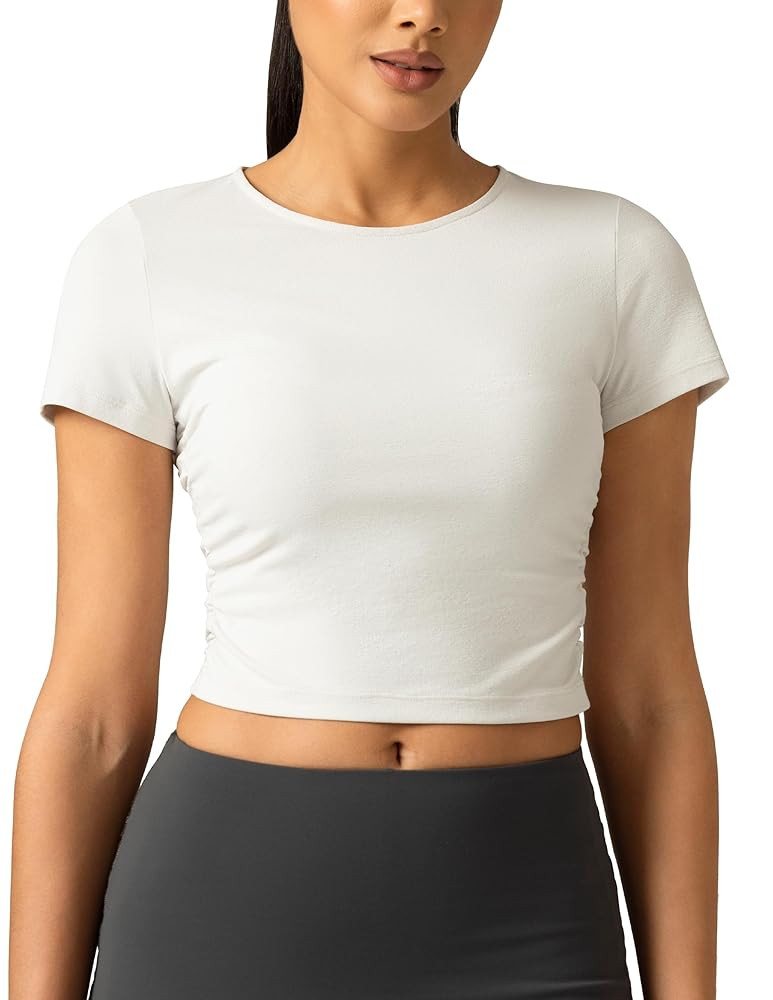 Colorfulkoala Women Short Sleeve Cropped T-Shirts Slim Fitted Basic Tees Crew Neck Ruched Casual ... | Amazon (US)