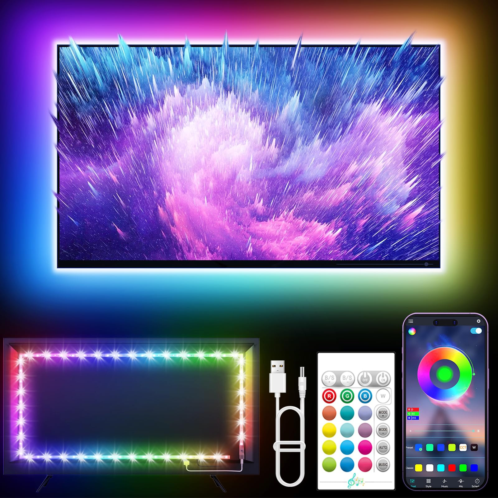 LED Lights for TV, 16.4ft LED Lights for 45-75 Inch TVs, RGB TV Backlight Behind, Music Sync Blue... | Amazon (US)