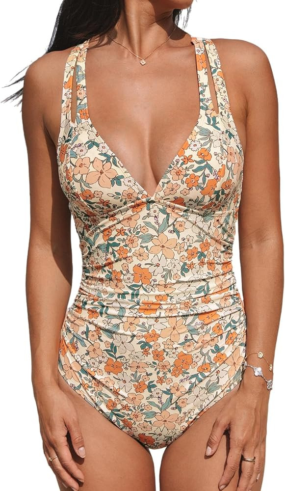CUPSHE Women's One Piece Swimsuit Tummy Control Deep V Neck Double Straps Crisscross Back Tie Bat... | Amazon (US)