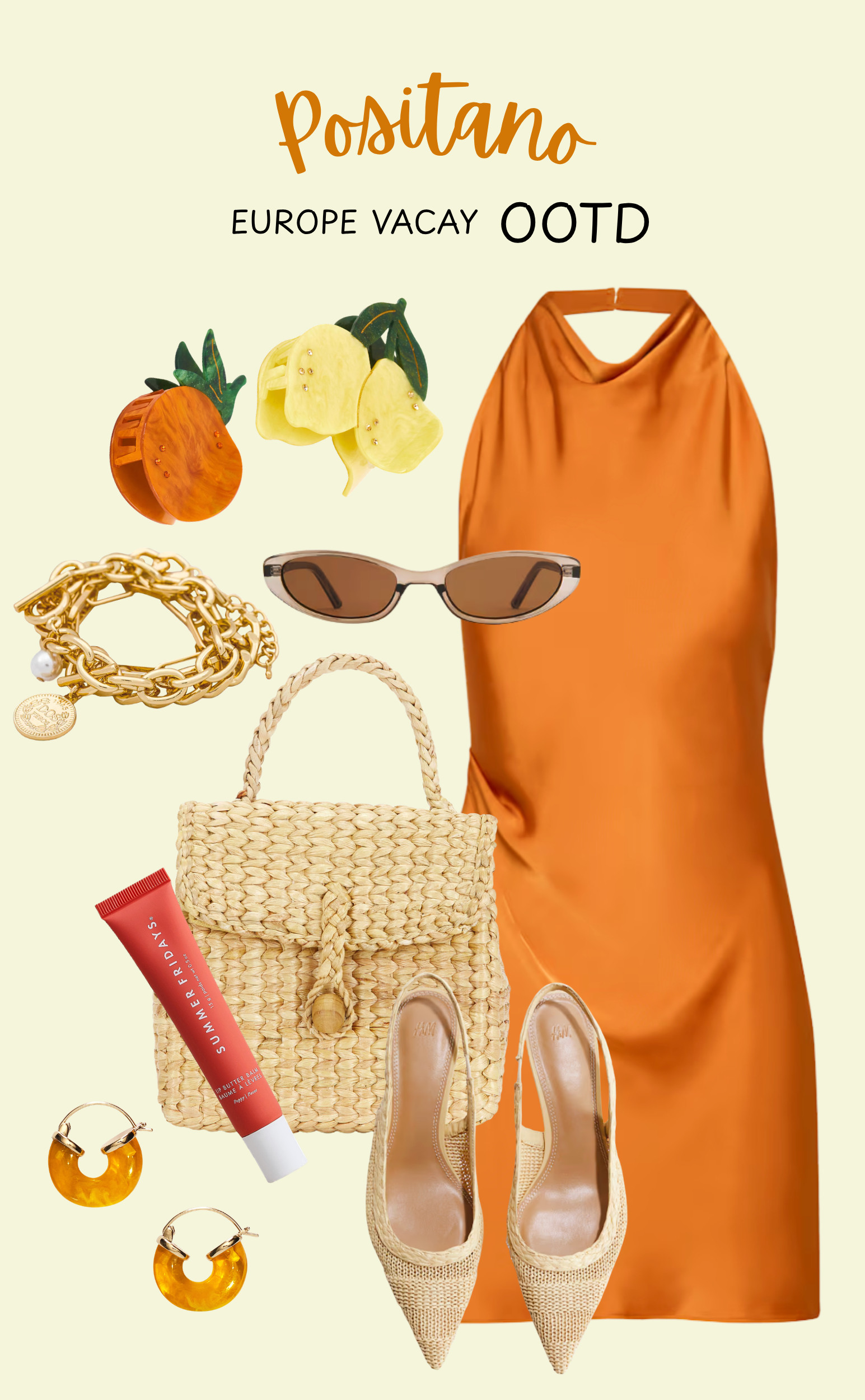 Positano vacation outfit idea 🇮🇹✨ This chic summer look is perfect for sunset dinners, coastal strolls, aperitivo hour, and exploring the Amalfi Coast in style. Featuring a statement orange satin dress, raffia accessories, elegant heels, and playful hair clips for an effortless European vacation look. Follow for more travel outfit finds, Europe style inspiration, and vacation fashion ideas!  

 #LTKgrwm #LTKootd #LTKTravel