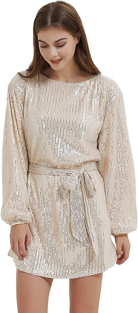 Anna-Kaci Women's Sparkly Sequins Party Long Sleeve Crew Neck Elegant Loose Dress | Amazon (US)
