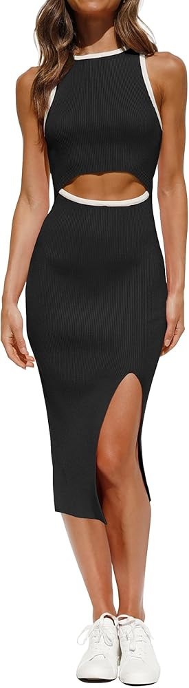 ZESICA Women's Summer Bodycon Sweater Dress Sleeveless Crew Neck Cut Out Contrast Color Side Slit... | Amazon (US)
