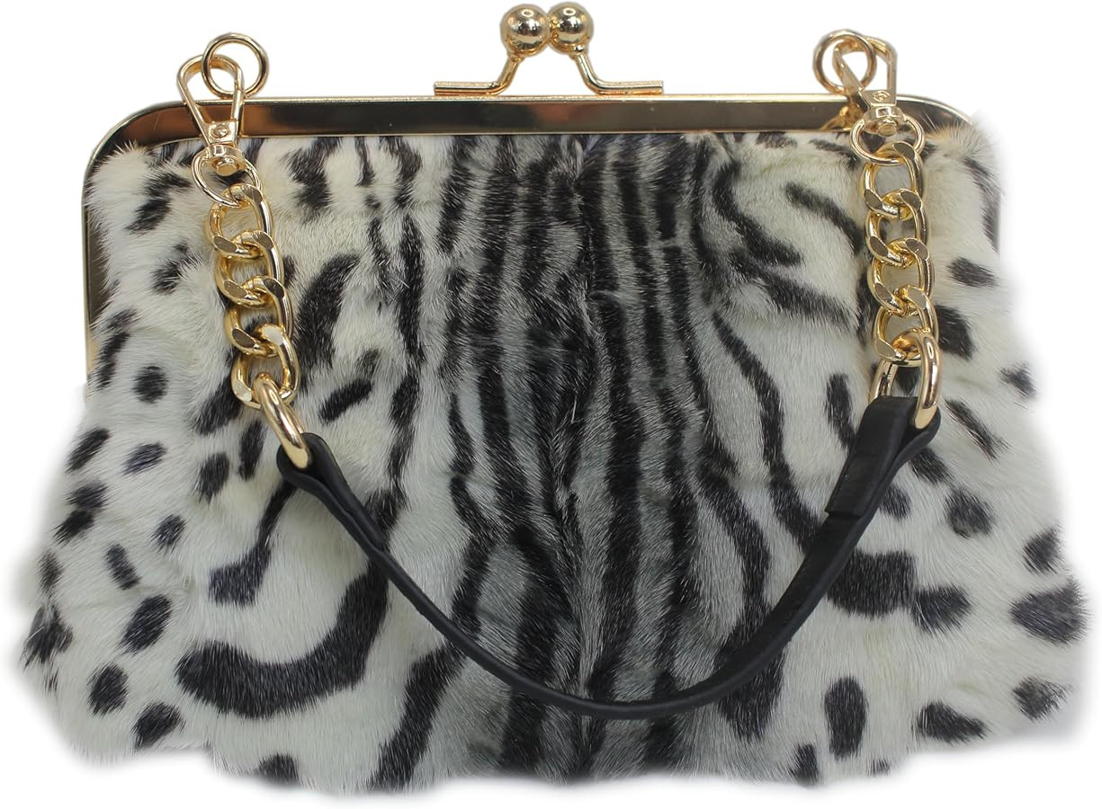 Fosrion Luxury Mink Fur Leopard Print Handbag – Small Kiss Lock Purse with Gold Chain Strap, Ev... | Amazon (US)