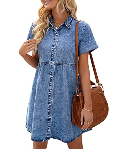 LookbookStore Women Denim Dress for Summer Babydoll Jean Dress Button Down Short Sleeve Denim Dress Tiered Flowy Dress Loose Jean Dress Reef Blue Denim Babydoll Dress Size S Size 4 6 | Amazon (US)