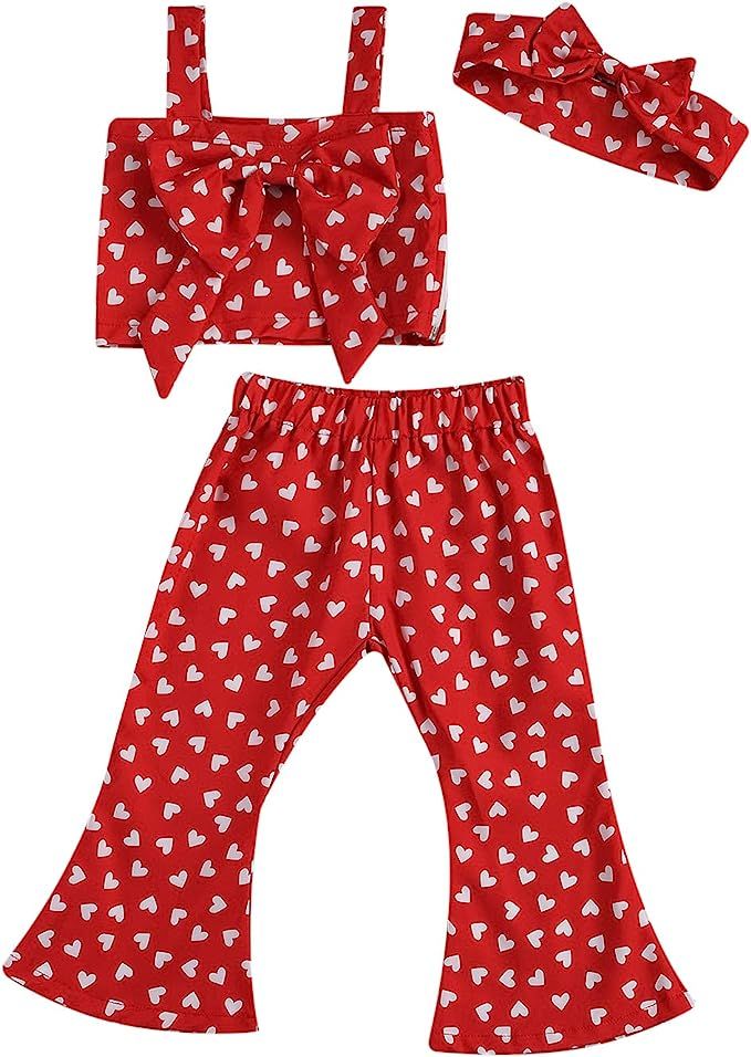 BULINGNA Toddler Baby Girl Valentine's Day Outfit, Bowknot Vest Tops Flare Pants Headband | Amazon (US)