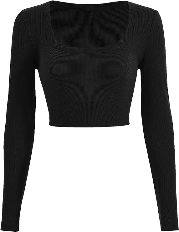SOLY HUX Women's Y2k Square Neck Long Sleeve Crop Top Ribbed Knit Tee T Shirt | Amazon (US)