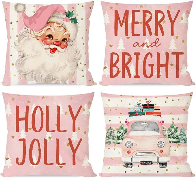 PANDICORN Christmas Pillow Covers 18x18 Set of 4 Pink Santa Claus Truck Christmas Tree Christmas ... | Amazon (US)