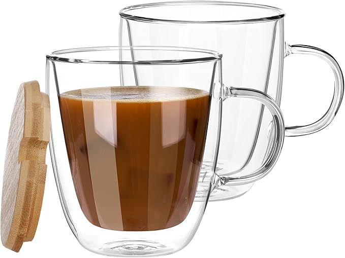 Aiboria Glass Coffee Mugs Set of 2 - 12 OZ Double Walled Insulated Glass Coffee Cups with Lids, ... | Amazon (US)